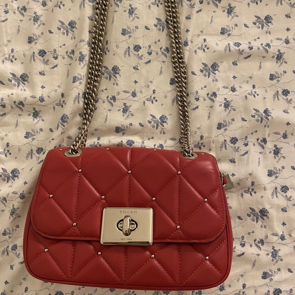RARE Red Leather Coach Diamond Quilted Silver Studded Crossbody Handbag Purse - Picture 1 of 7